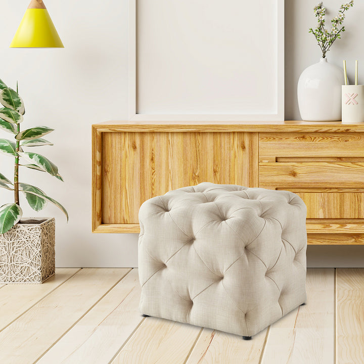 Square Tufted Velvet Ottaman/Poufee In Beige