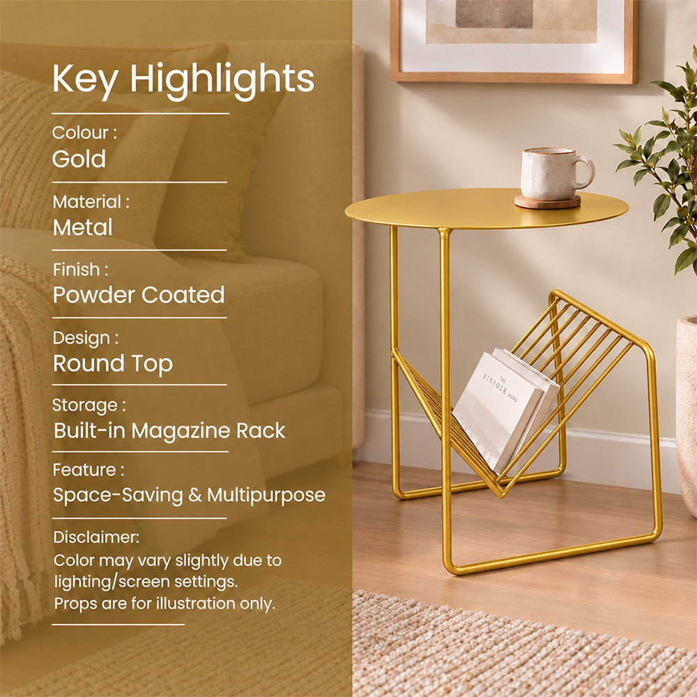 Modern Metal Round Side Table with Geometric Magazine Rack