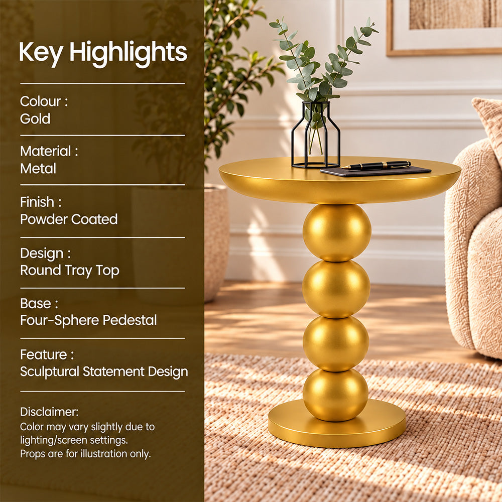 Modern Metal Round Side Table with Beaded Pedestal Base