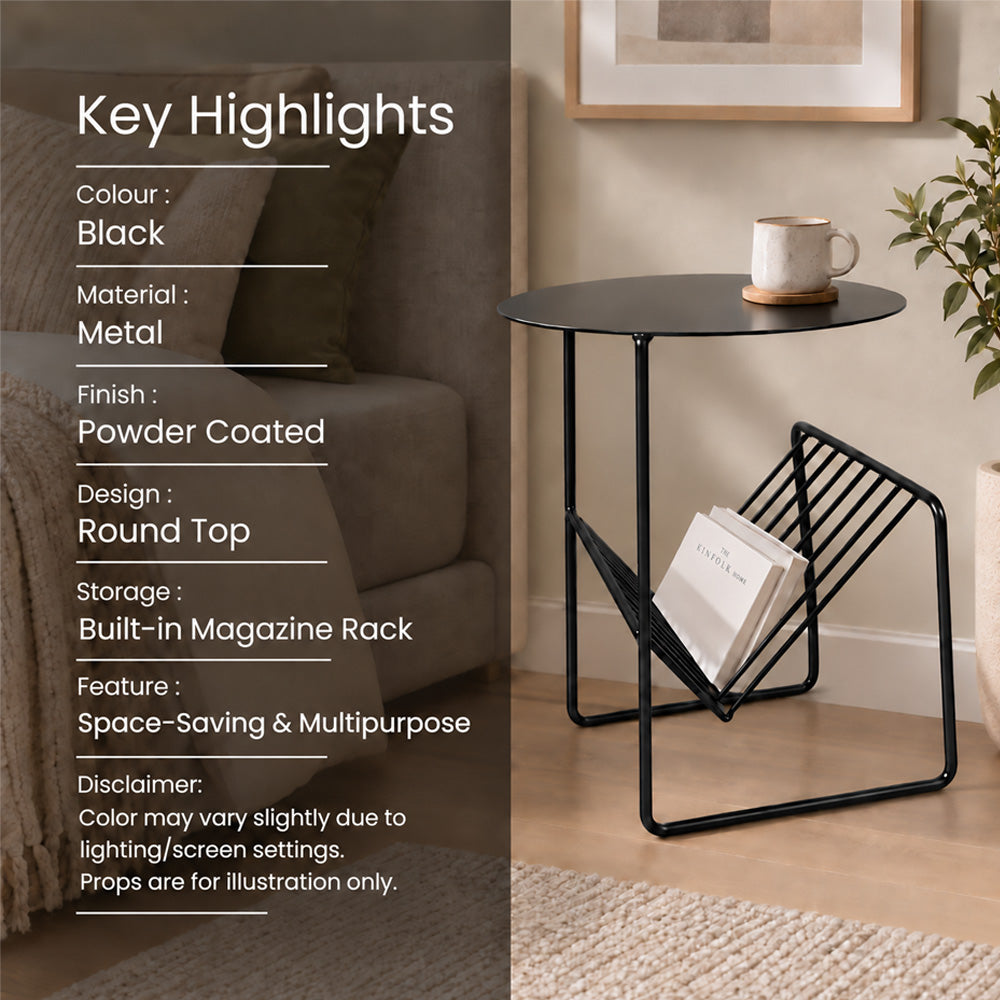 Modern Metal Round Side Table with Geometric Magazine Rack
