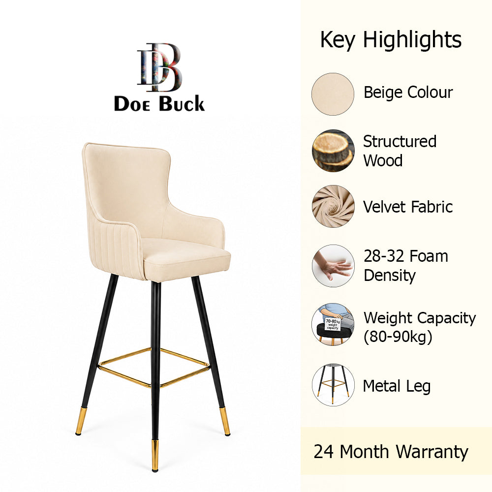 Doe Buck Nolen Luxury Beige Upholstered Counter Height Bar Stool Chair with Gold-Tipped Metal Legs – Modern Kitchen Island & Breakfast Bar Seating