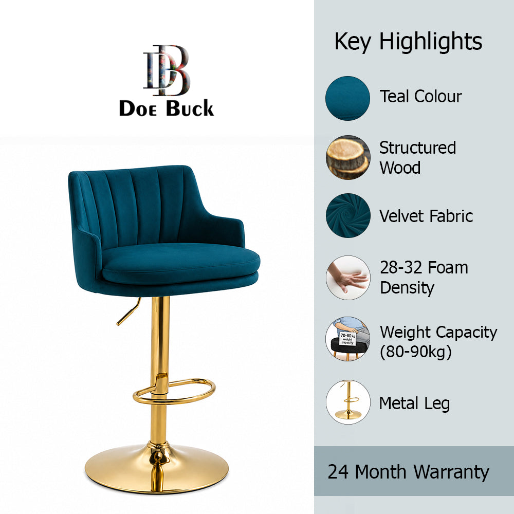Doe Buck Oliver Luxury Teal Blue Velvet Adjustable Bar Stool Chair with Gold Hydraulic Base – Modern Kitchen Island & Breakfast Counter Seating