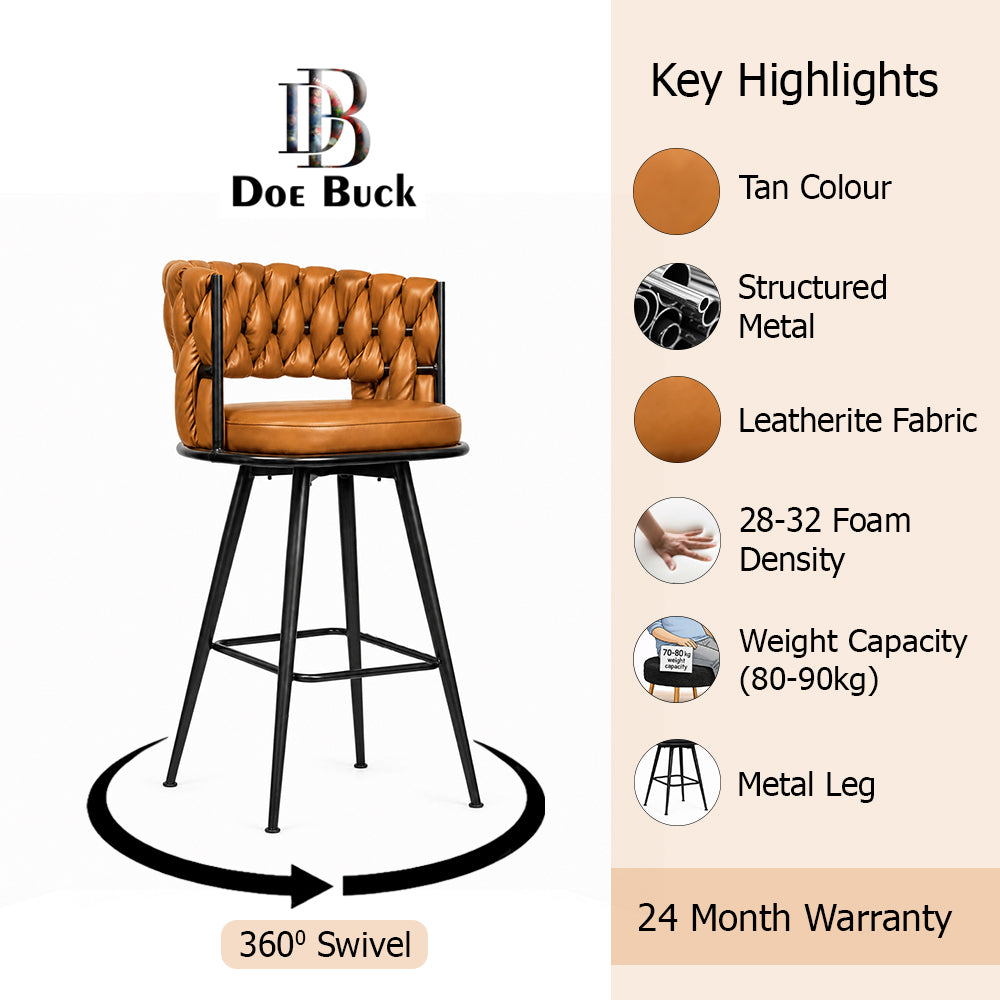 Doe Buck Presley Luxury Tan Braided Faux Leather Bar Stool Chair – Modern Counter Height Stool with Metal Frame for Kitchen Island & Home Bar