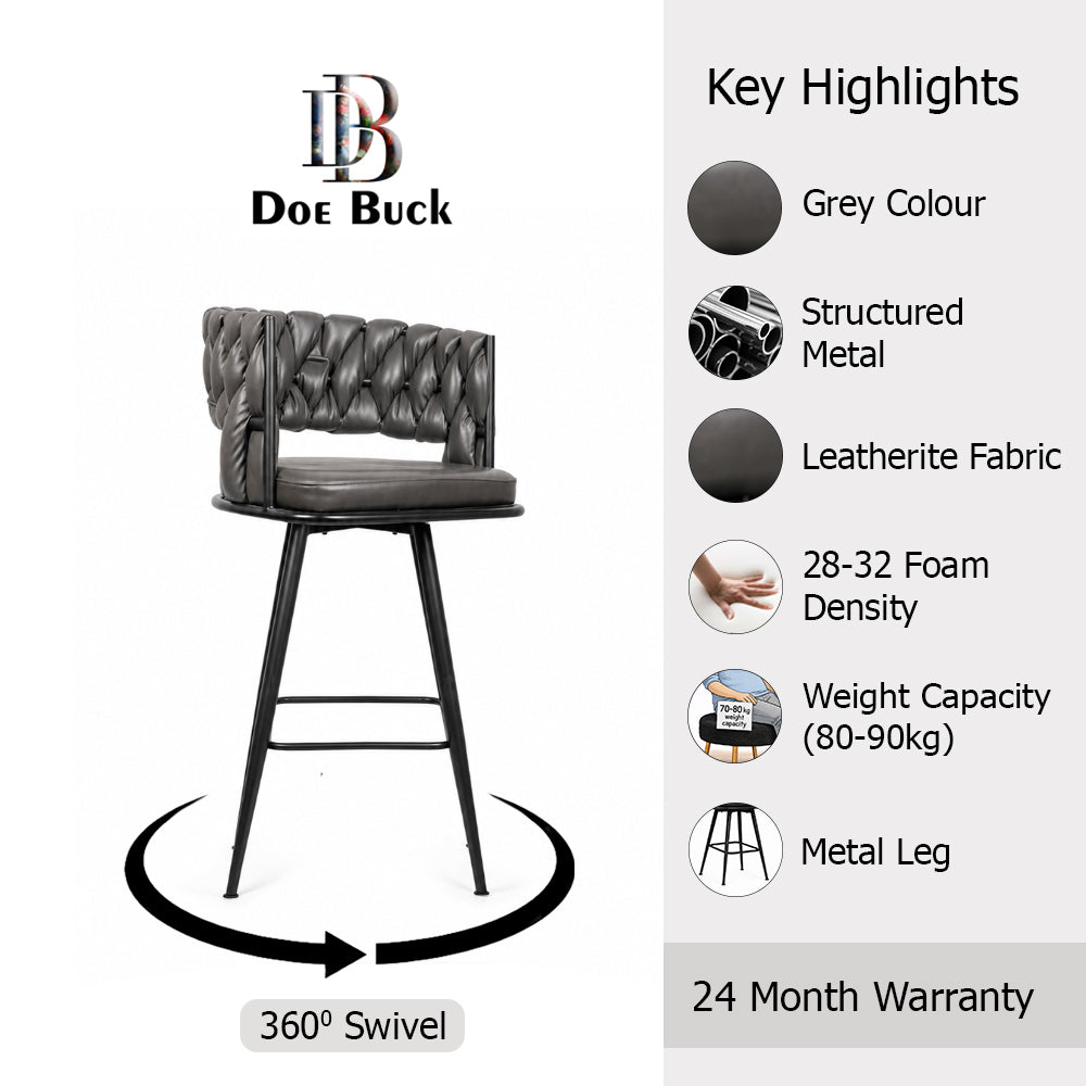 Doe Buck Presley Luxury Grey Braided Faux Leather Bar Stool Chair – Modern Counter Height Stool with Metal Frame for Kitchen Island & Home Bar