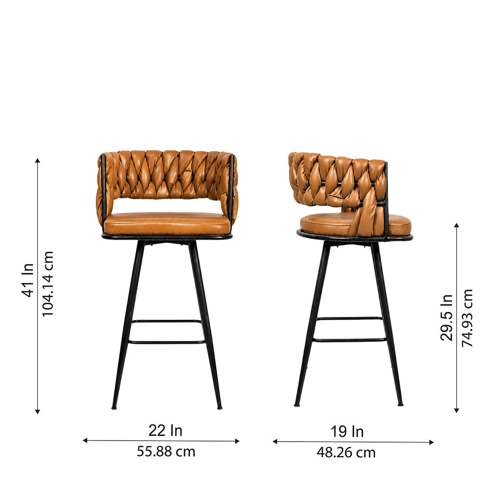 Doe Buck Presley Luxury Tan Braided Faux Leather Bar Stool Chair – Modern Counter Height Stool with Metal Frame for Kitchen Island & Home Bar