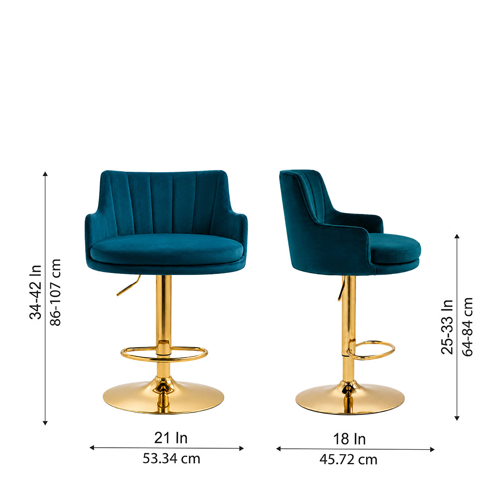 Doe Buck Oliver Luxury Teal Blue Velvet Adjustable Bar Stool Chair with Gold Hydraulic Base – Modern Kitchen Island & Breakfast Counter Seating