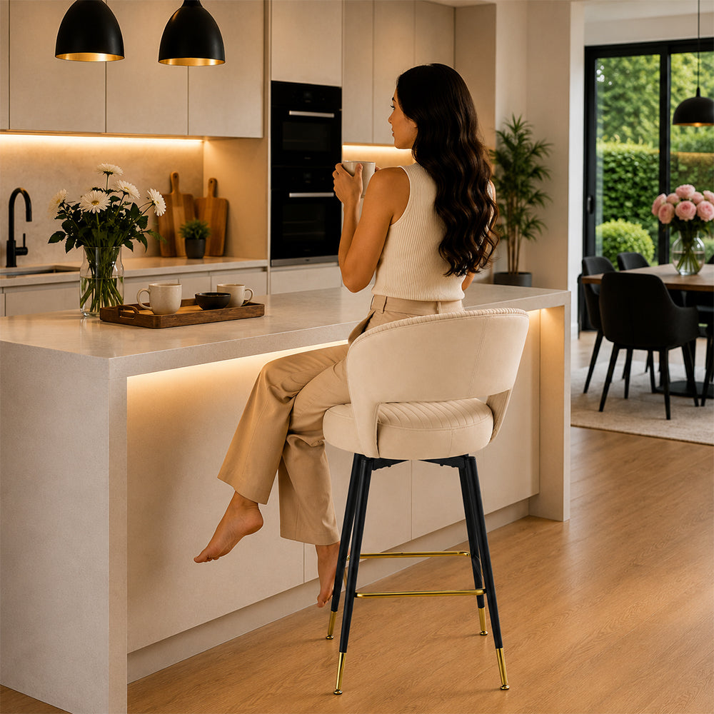 Doe Buck Mixoy  Luxury Emerald Beige Velvet Counter Height Bar Stool Chair with Gold Accents – Modern Kitchen Island & Breakfast Bar Seating