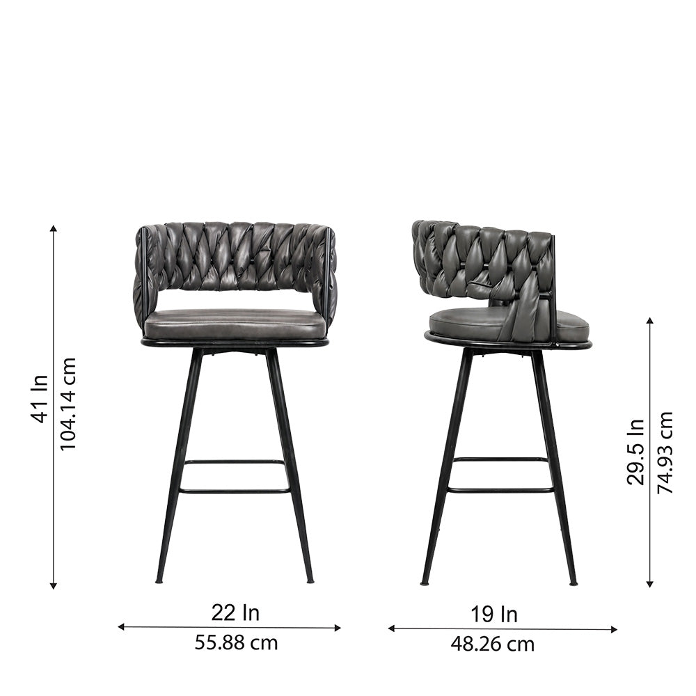 Doe Buck Presley Luxury Grey Braided Faux Leather Bar Stool Chair – Modern Counter Height Stool with Metal Frame for Kitchen Island & Home Bar