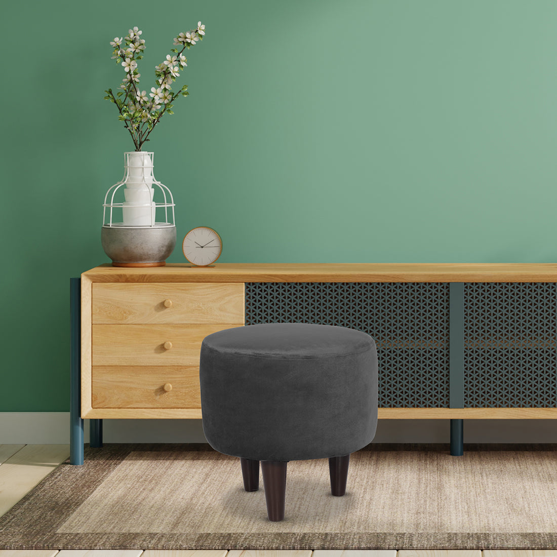 Round Velvet Ottoman With Wooden Leg In Grey