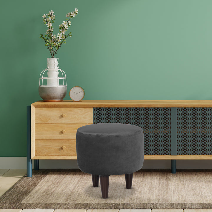 Round Velvet Ottoman With Wooden Leg In Grey