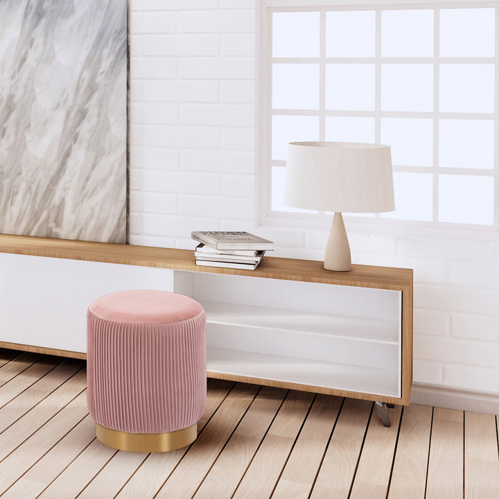 Round Velvet Gold Ottaman/Poufee In Pink