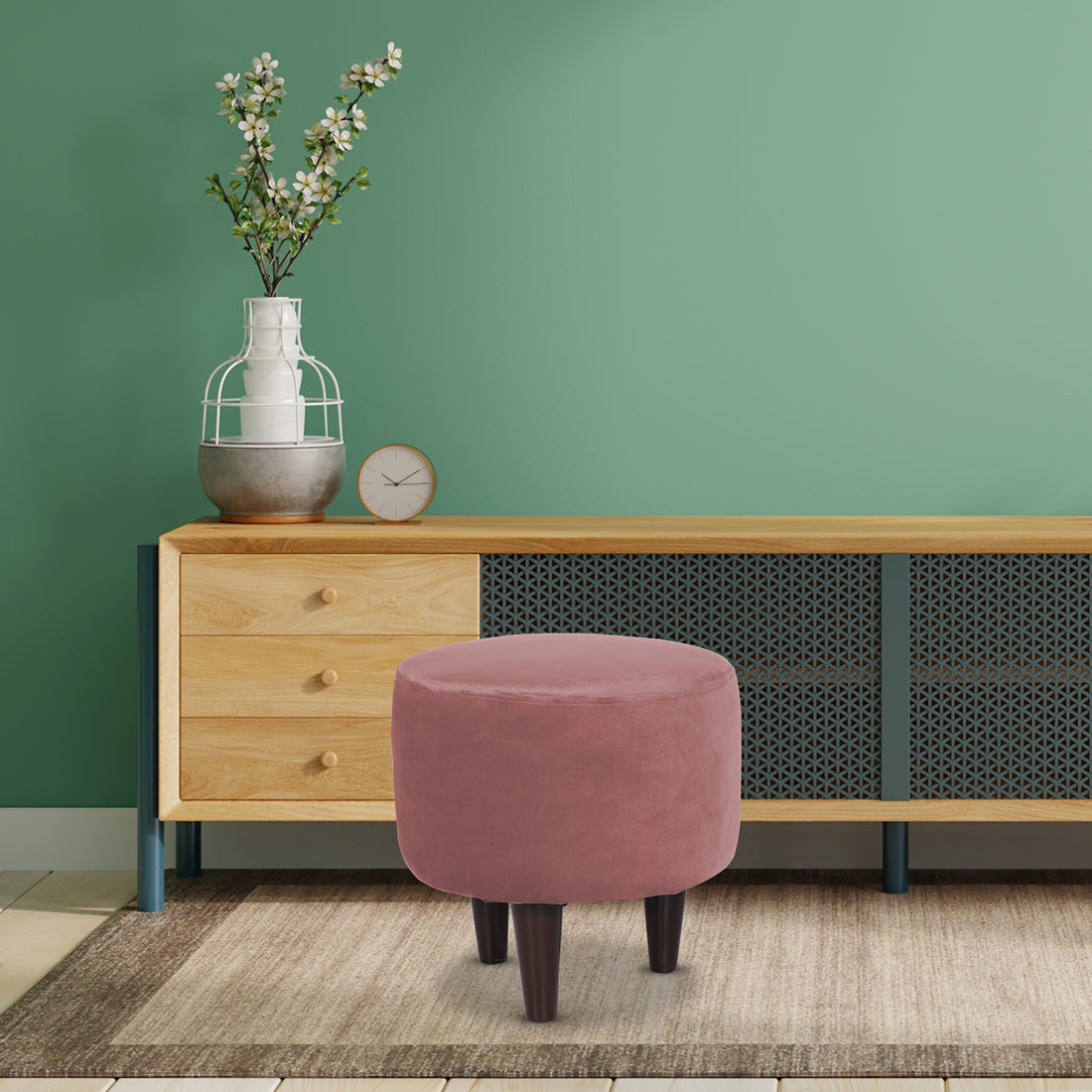 Round Velvet Ottoman With Wooden Leg In Pink
