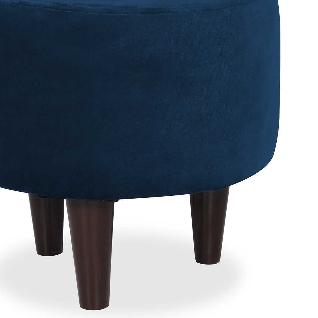 Round Velvet Ottoman With Wooden Leg In Blue
