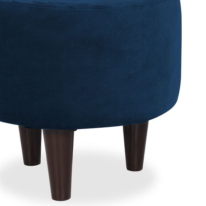 Round Velvet Ottoman With Wooden Leg In Blue