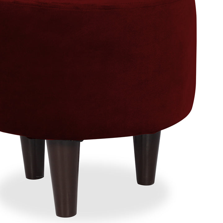 Round Velvet Ottoman With Wooden Leg In Mehroon