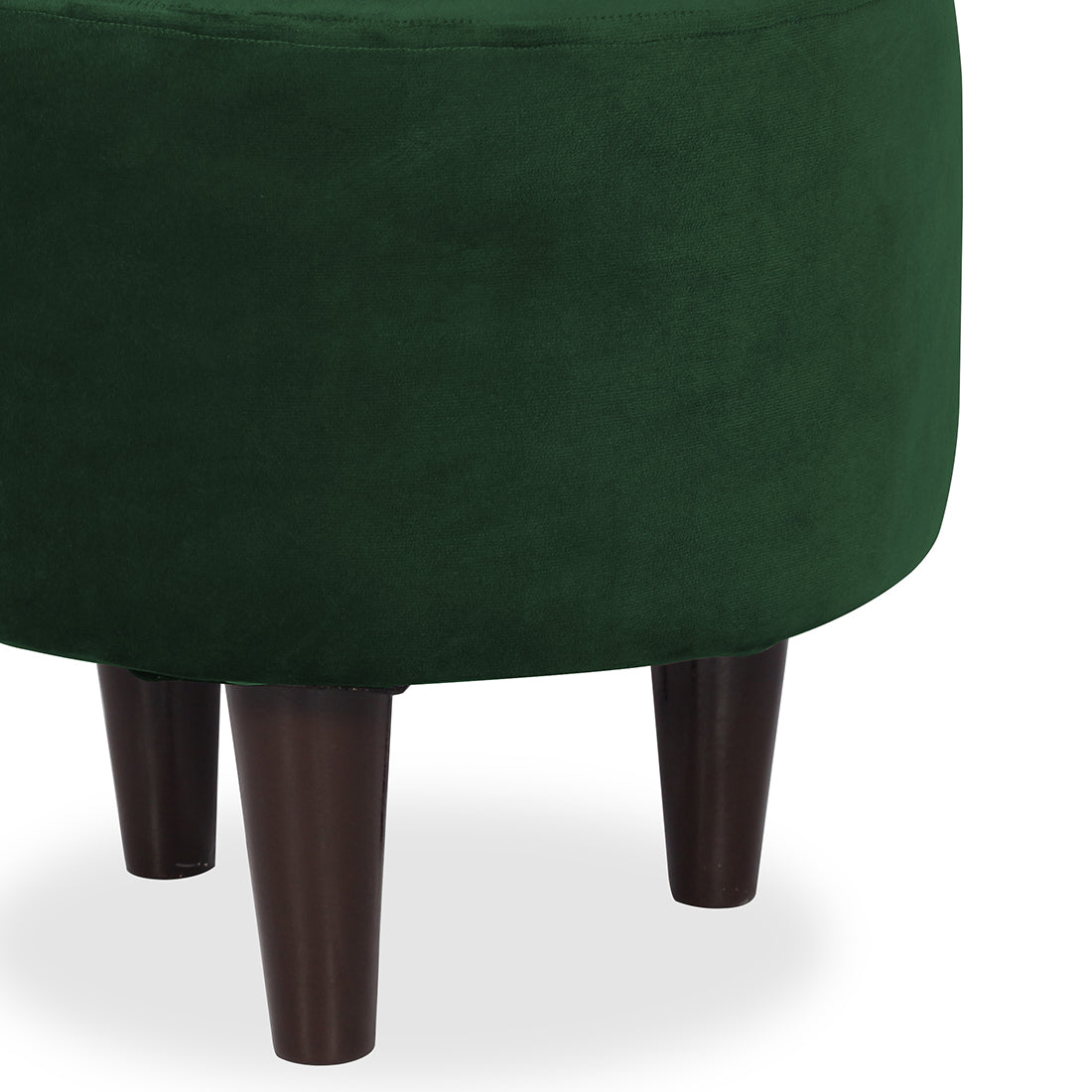 Round Velvet Ottoman With Wooden Leg In Green
