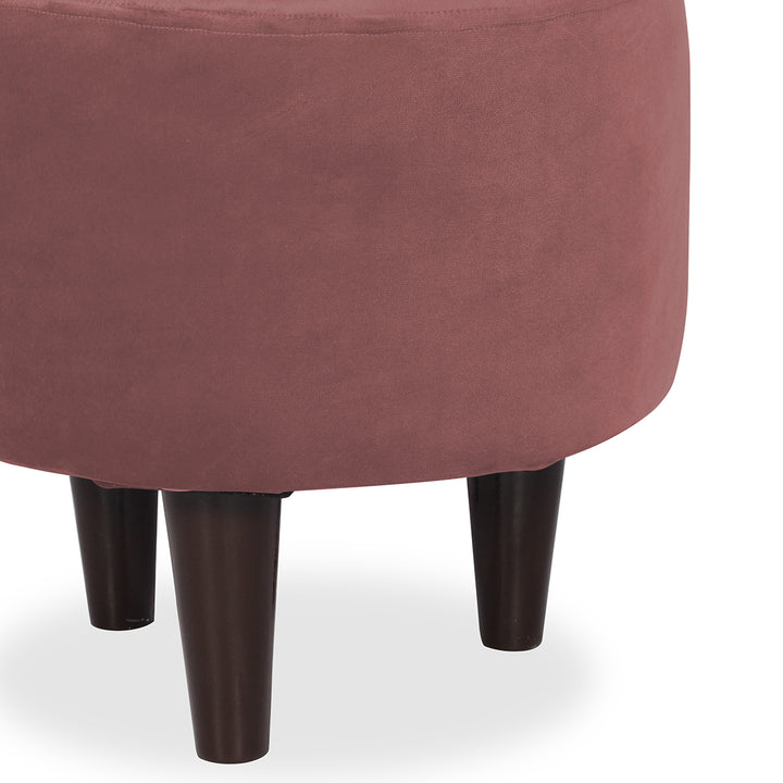 Round Velvet Ottoman With Wooden Leg In Pink