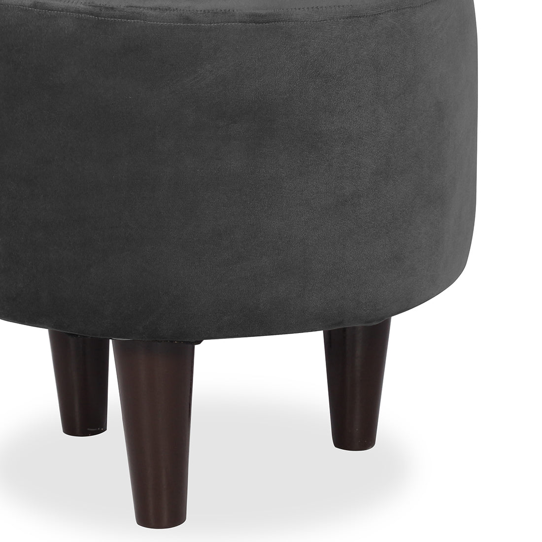Round Velvet Ottoman With Wooden Leg In Grey