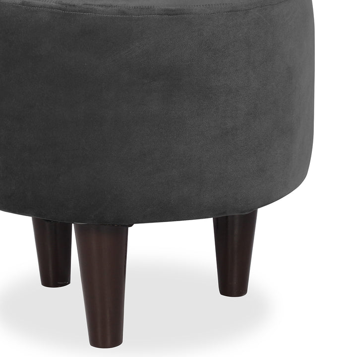 Round Velvet Ottoman With Wooden Leg In Grey