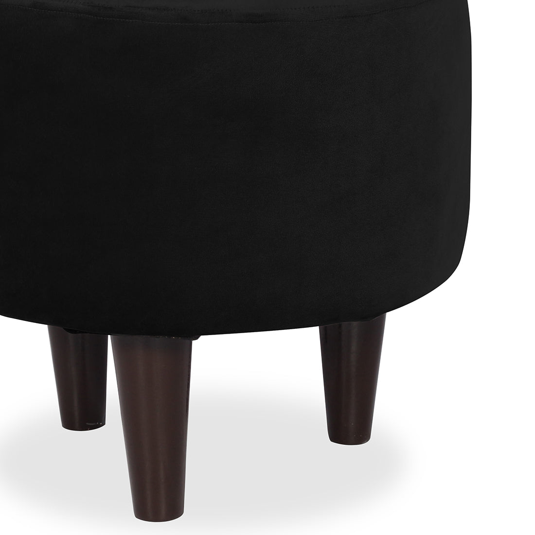 Round Velvet Ottoman With Wooden Leg In Black
