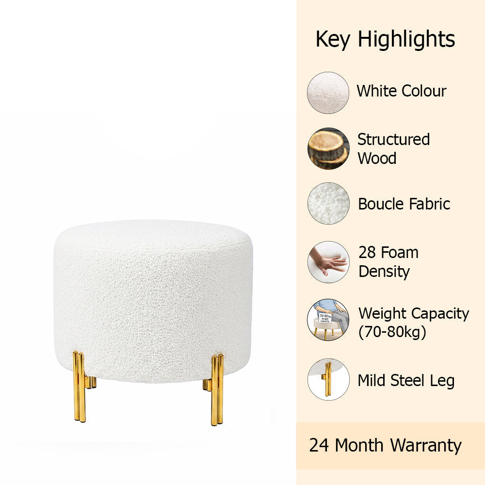 Premium Bouclé White Ottoman - Gold Legs