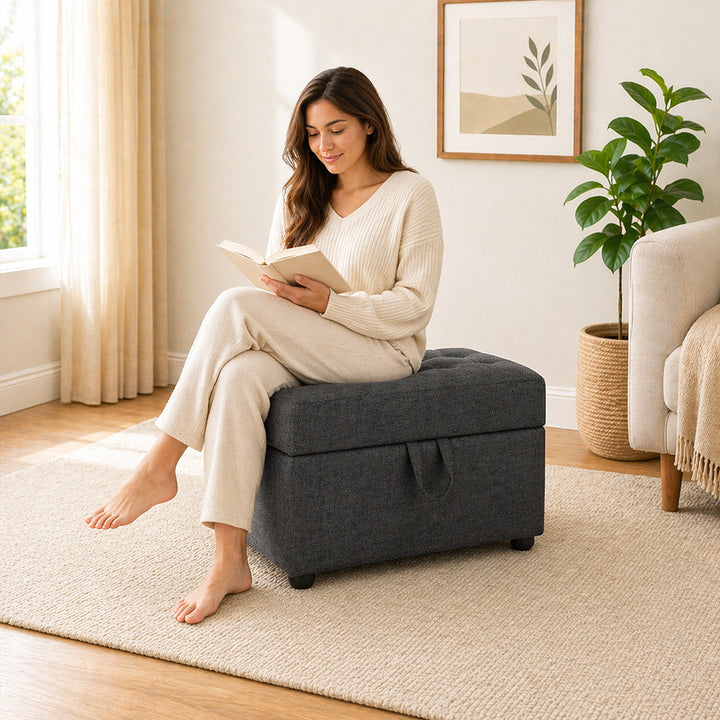 Doe Buck Tufted Storage Ottoman Bench|Grey