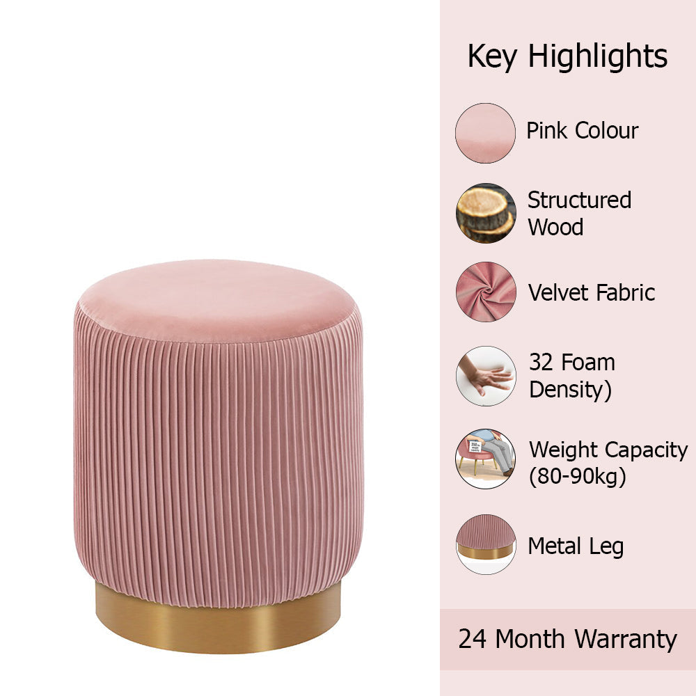 Damato Pink Velvet Round Ottoman - Gold Base