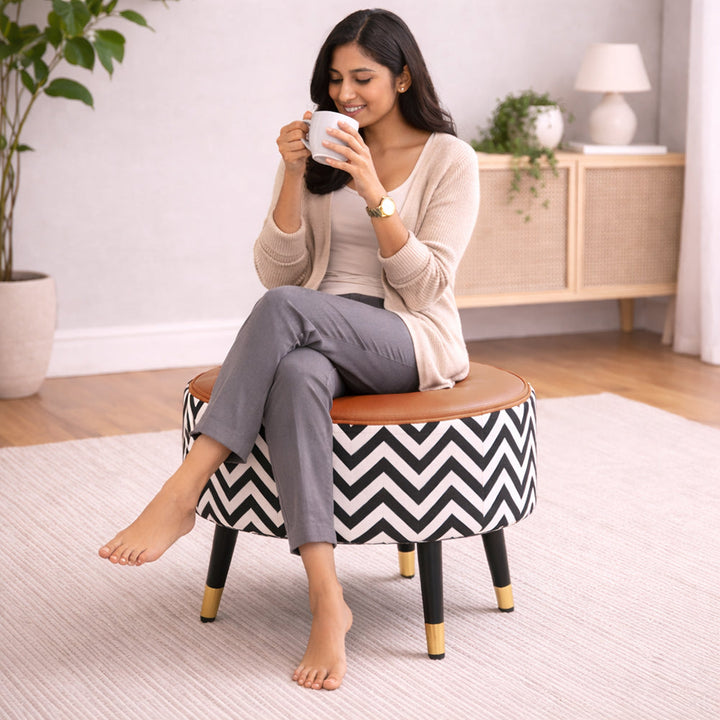Doe Buck Zig Zag Tan Ottoman|Tan, Black And White