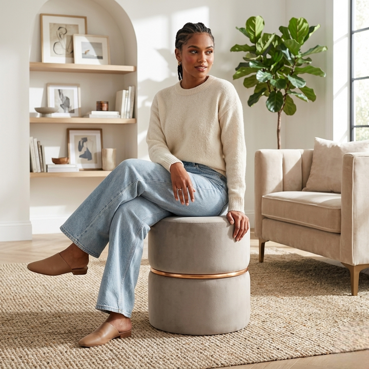 Doe Buck Gracy Ottoman|Beige And Gold Band