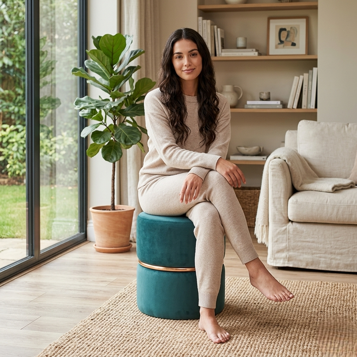 Doe Buck Gracy Ottoman|Teal And Gold Band
