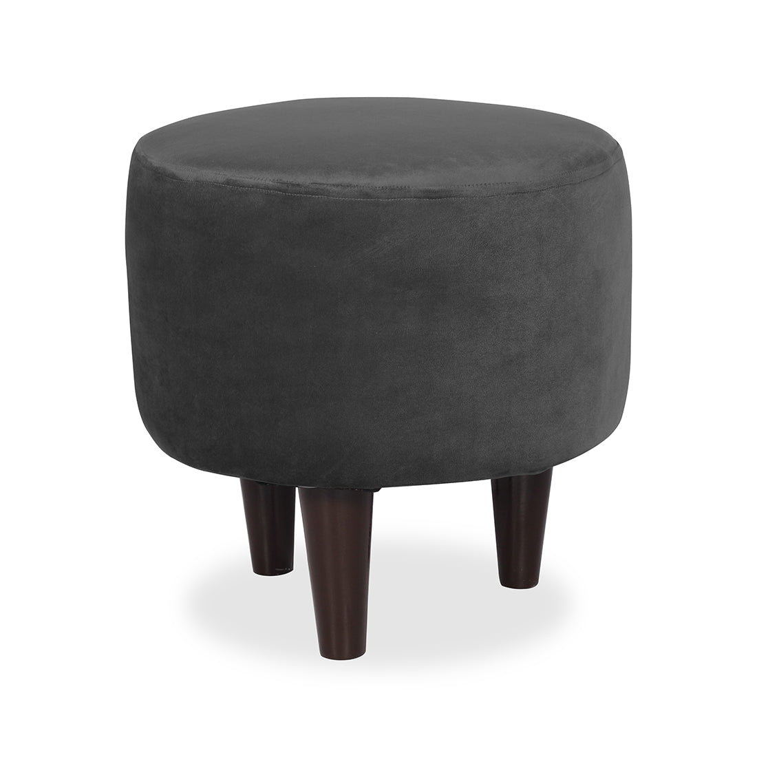 Round Velvet Ottoman With Wooden Leg In Grey