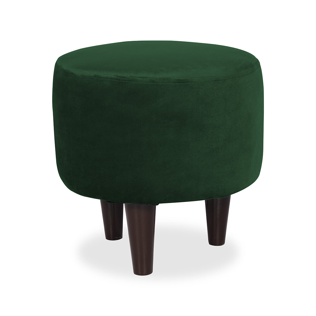 Round Velvet Ottoman With Wooden Leg In Green