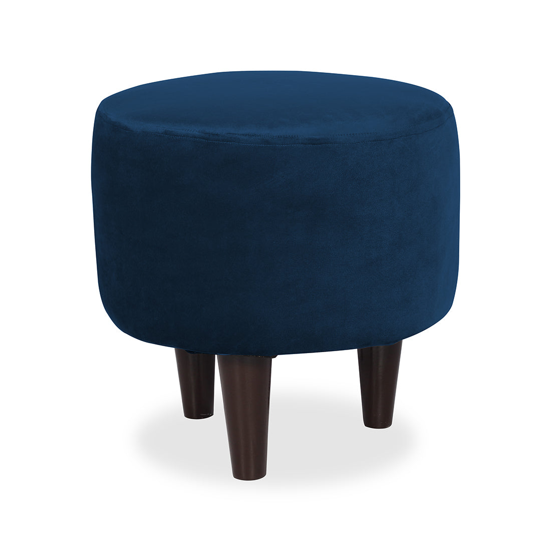 Round Velvet Ottoman With Wooden Leg In Blue