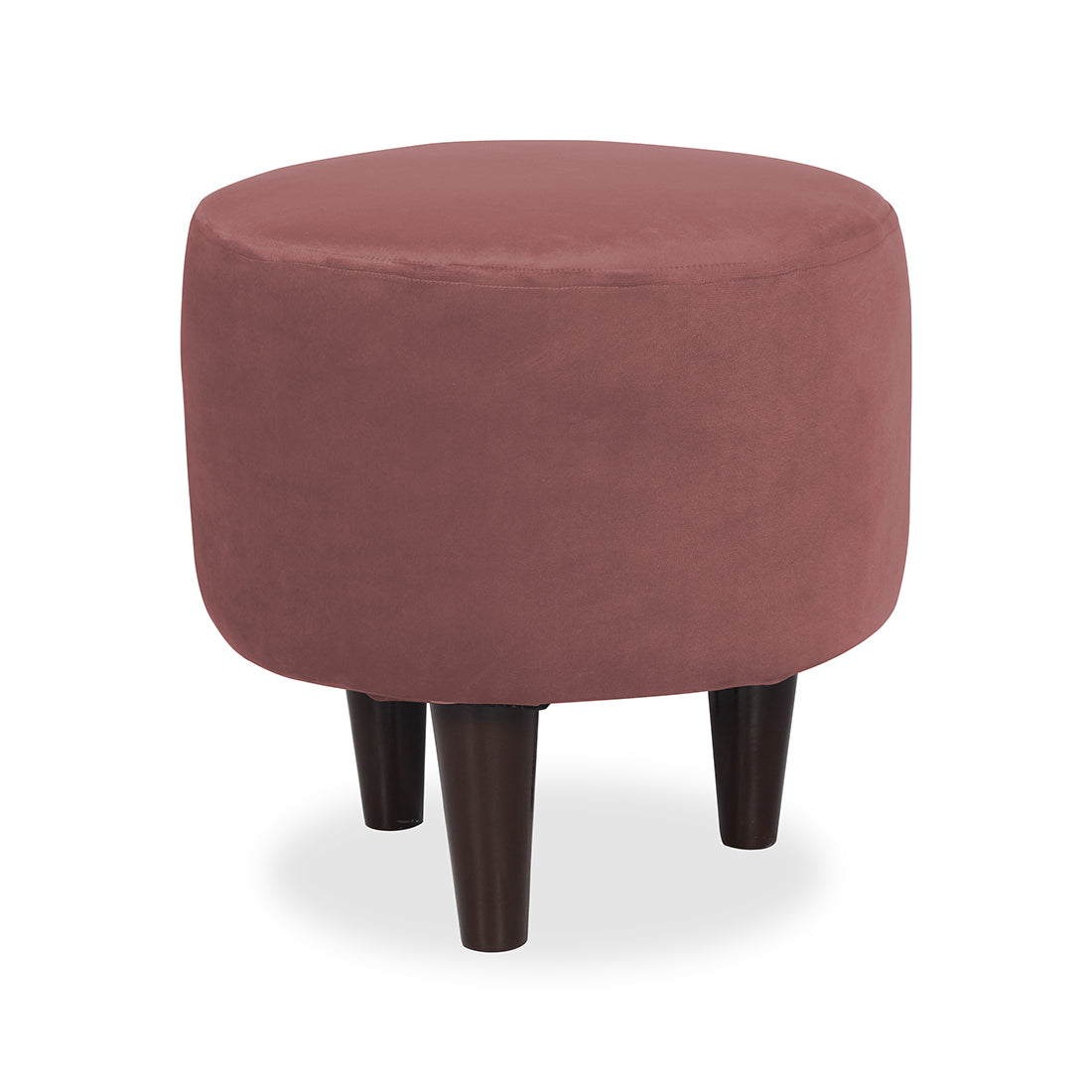 Round Velvet Ottoman With Wooden Leg In Pink