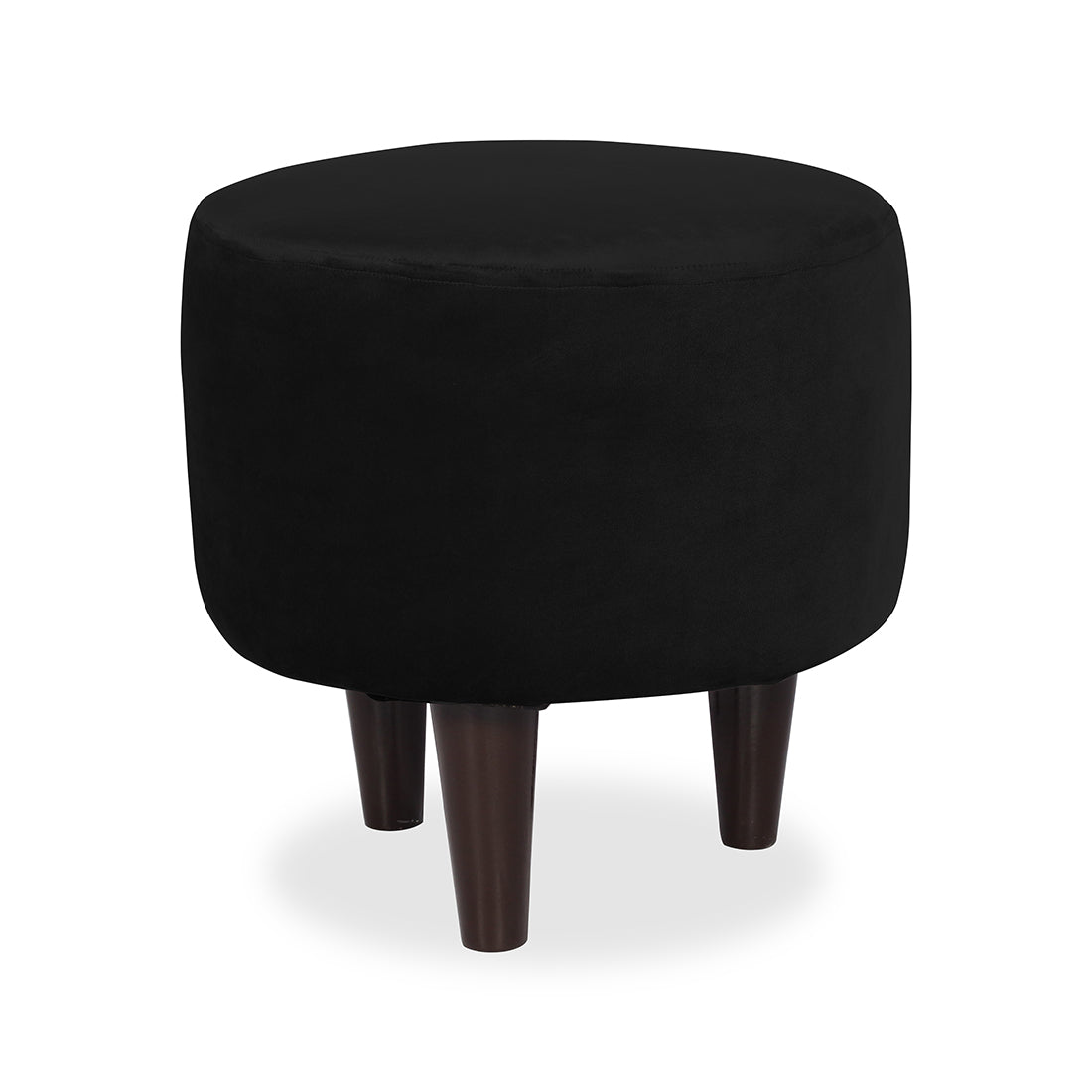 Round Velvet Ottoman With Wooden Leg In Black