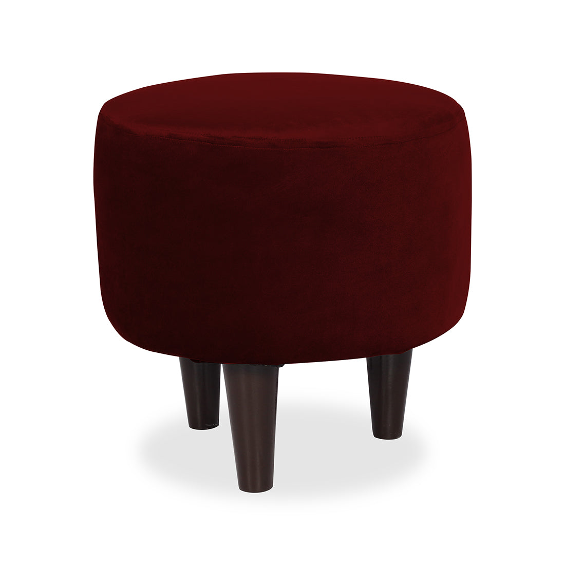 Round Velvet Ottoman With Wooden Leg In Mehroon