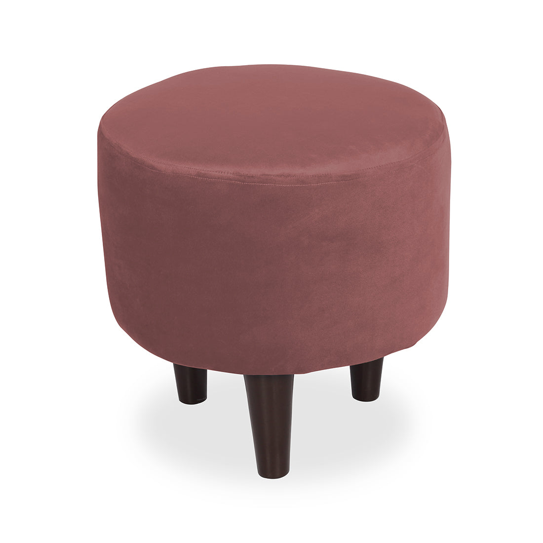 Round Velvet Ottoman With Wooden Leg In Pink