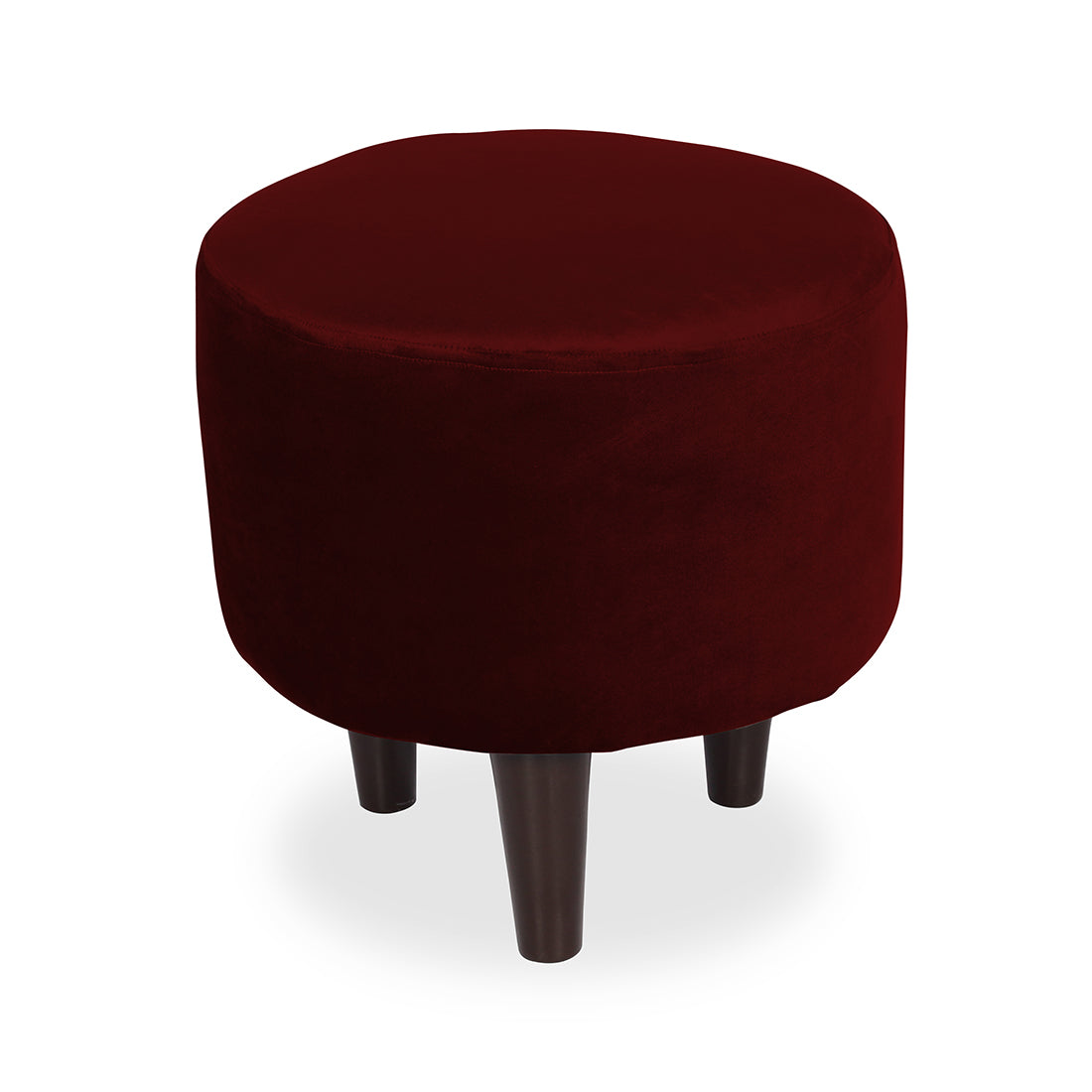 Round Velvet Ottoman With Wooden Leg In Mehroon