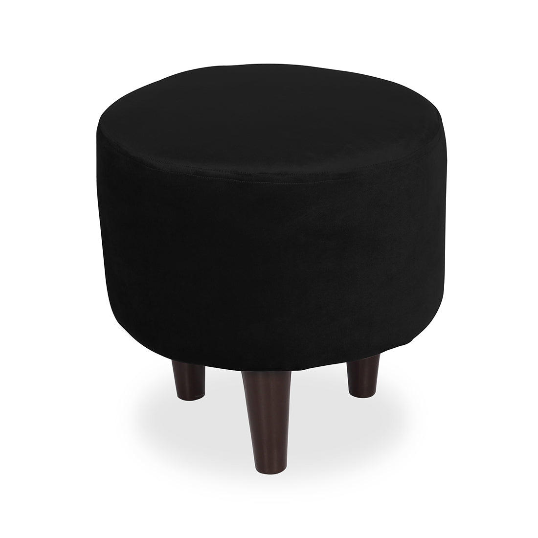 Round Velvet Ottoman With Wooden Leg In Black