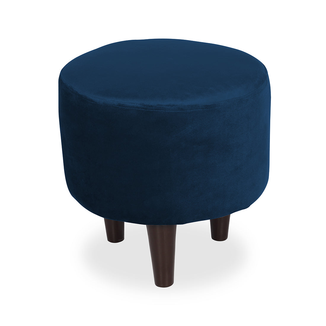 Round Velvet Ottoman With Wooden Leg In Blue