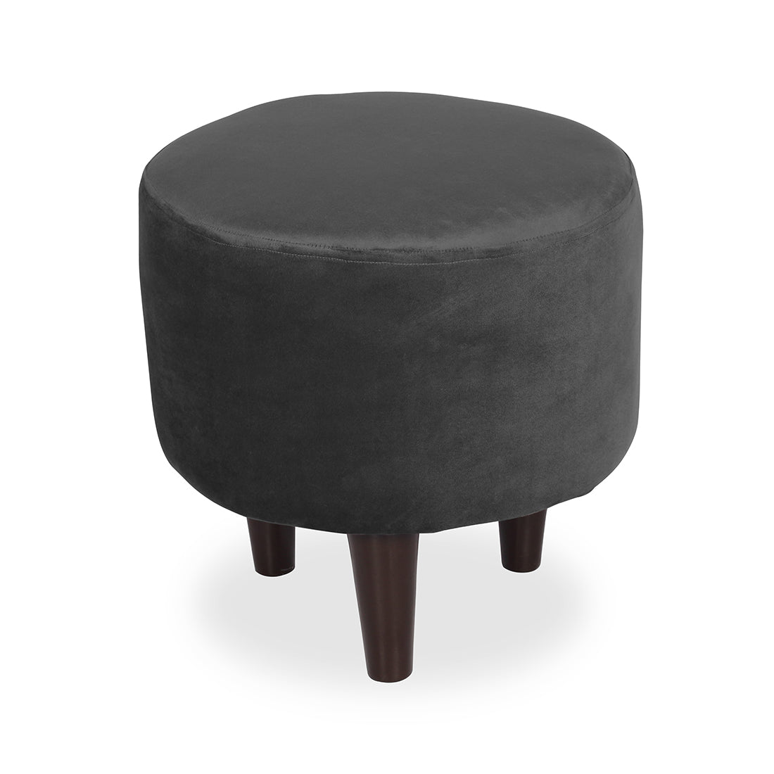 Round Velvet Ottoman With Wooden Leg In Grey